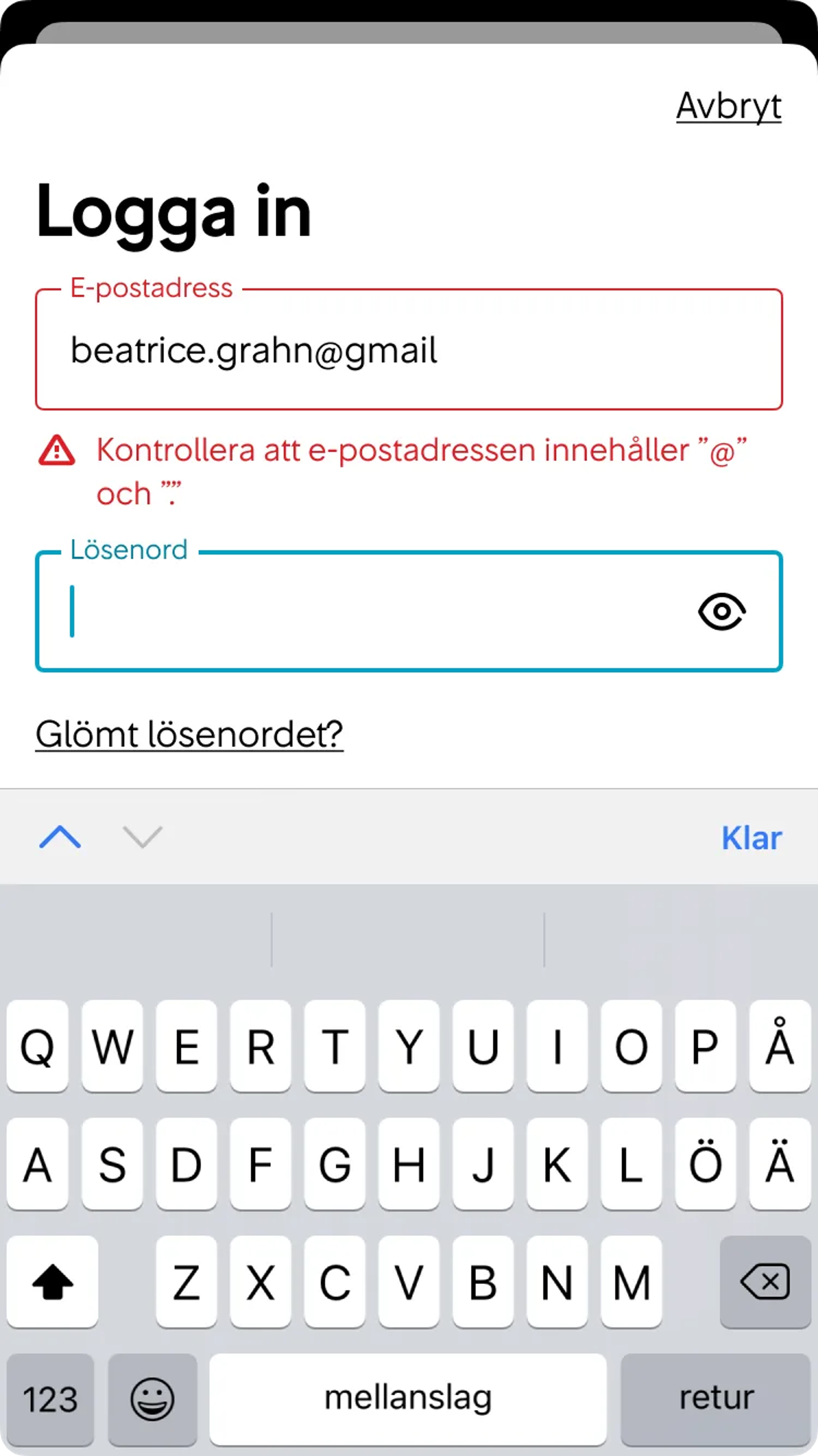 Text Field med felmeddelandet "Kontrollera att e-postadressen innehåller @ och .