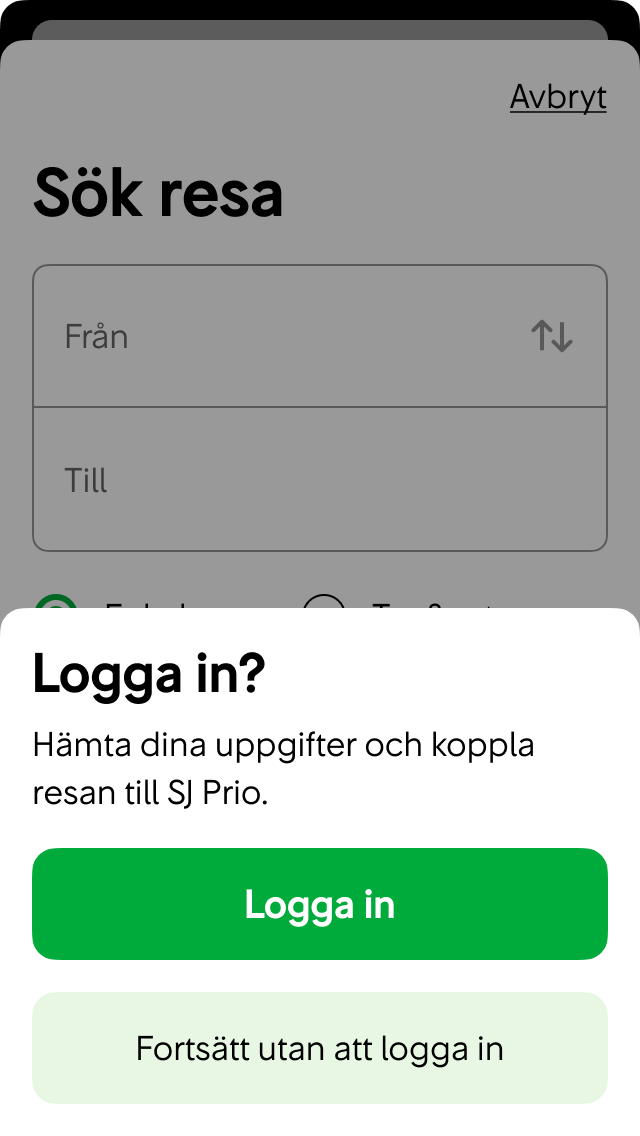 Logga in-dialog på Sök resa-sidan i köpflödet.