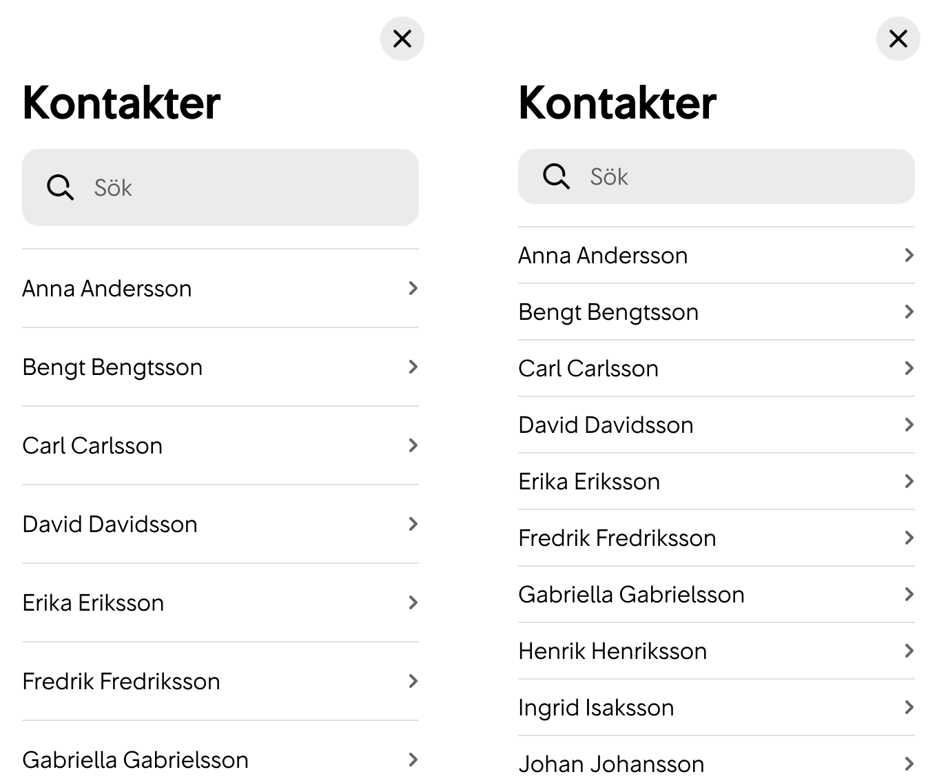 Exempel på lista med normal täthet respektive högre täthet.