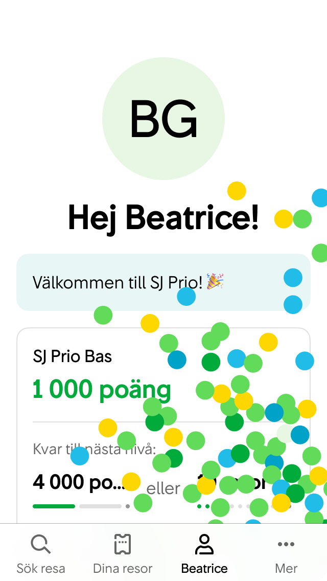 Vi visar animerad konfetti för att fira att användaren har nått en ny nivå i sitt SJ Prio-medlemskap.