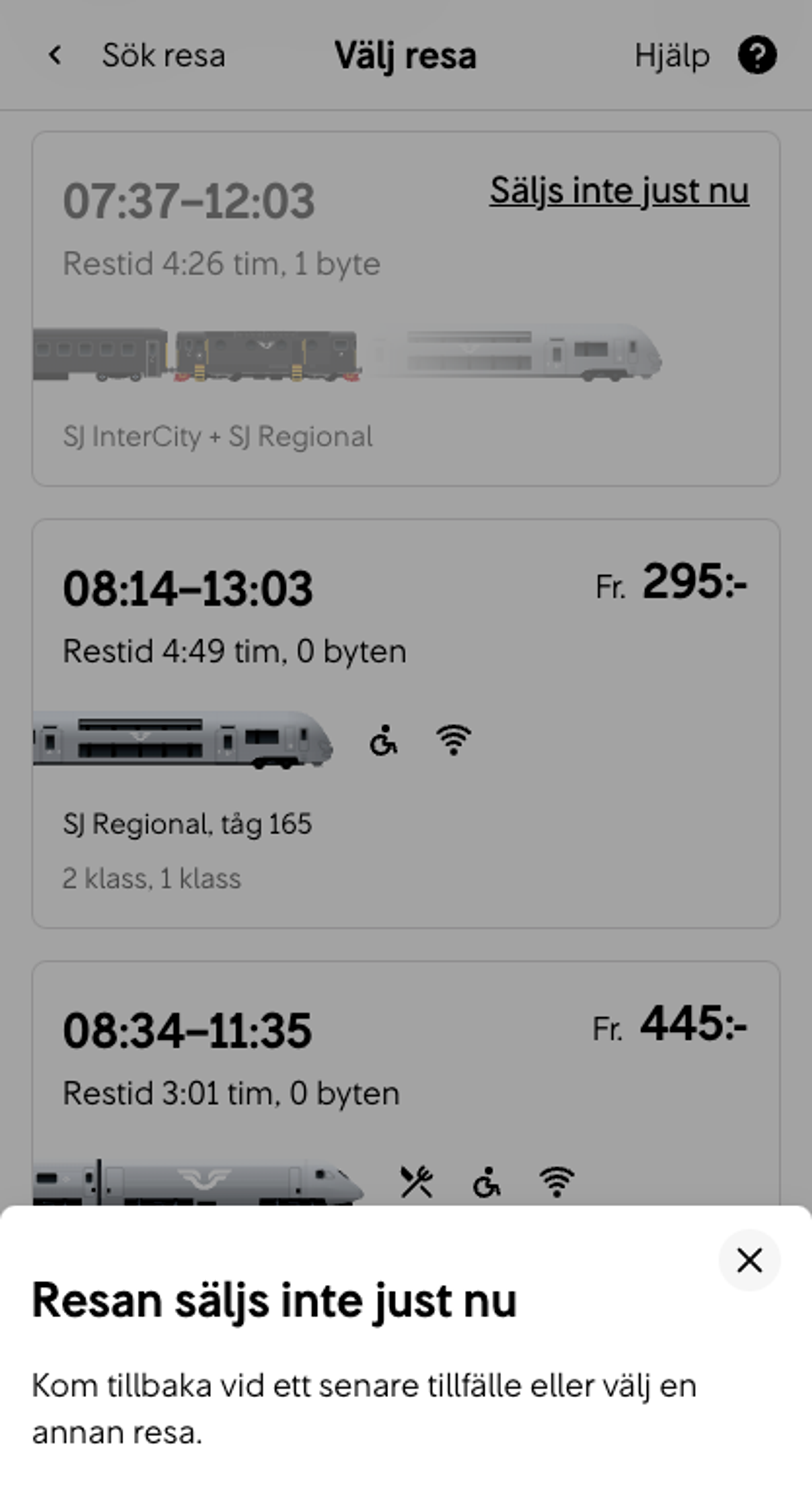 Bottom sheet med information om att resan inte säljs just nu.