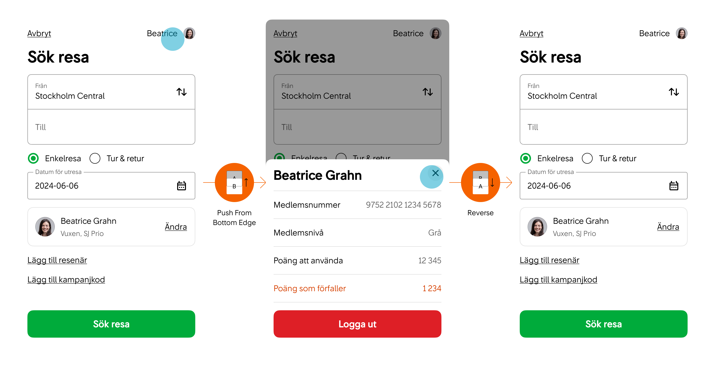 Användaren är inloggad på Sök resa-sidan och trycker på Konto-knappen uppe till höger.