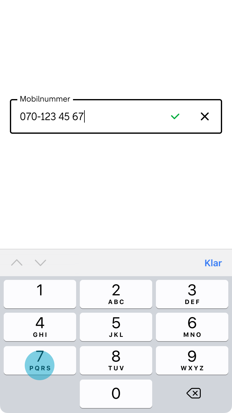 4. En inmatningsmask gör att det inmatade telefonnumret presenteras på ett förväntat sätt. Så snart värdet är korrekt ifyllt visas en grön checkmark.