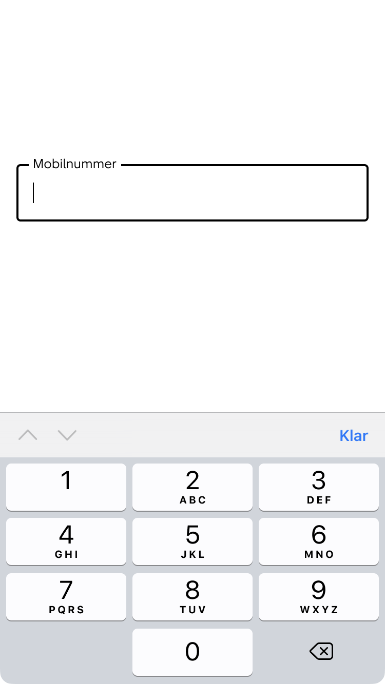 2. Inmatningsfältet för telefonnummer får fokus, markören blinkar och ett numeriskt tangentbord visas.