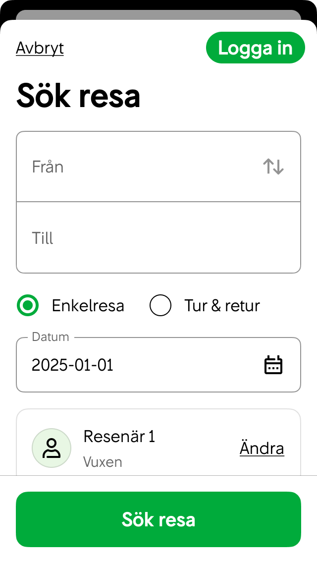 Logga in-knapp på Sök resa-sidan i köpflödet.