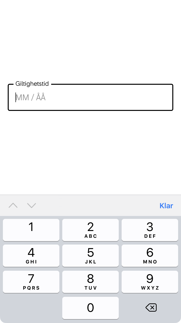 2. Inmatningsfältet för giltighetstid får fokus, markören blinkar och ett numeriskt tangentbord visas. En inmatningsmask antyder formatet på det som ska matas in.