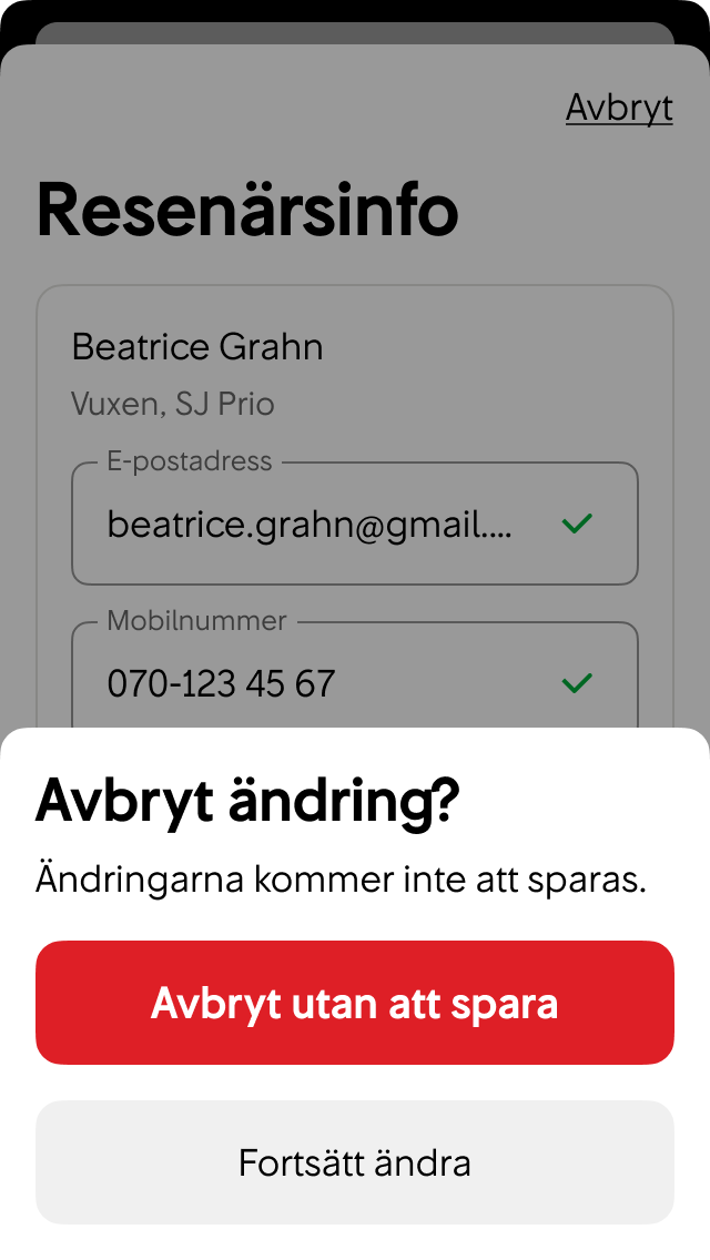 Användaren stänger ner Resenärsinfo-sidan med osparade ändringar.