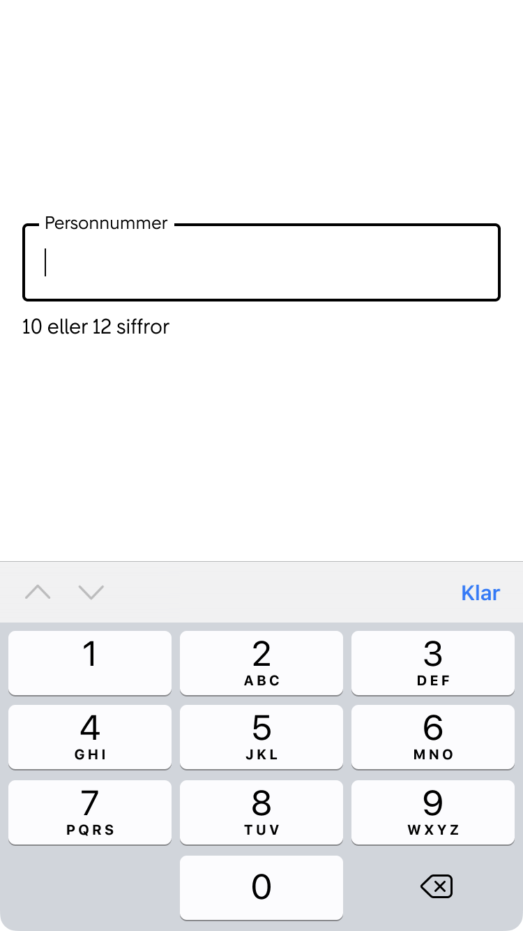 2. Inmatningsfältet för personnummer får fokus, markören blinkar och ett numeriskt tangentbord visas.