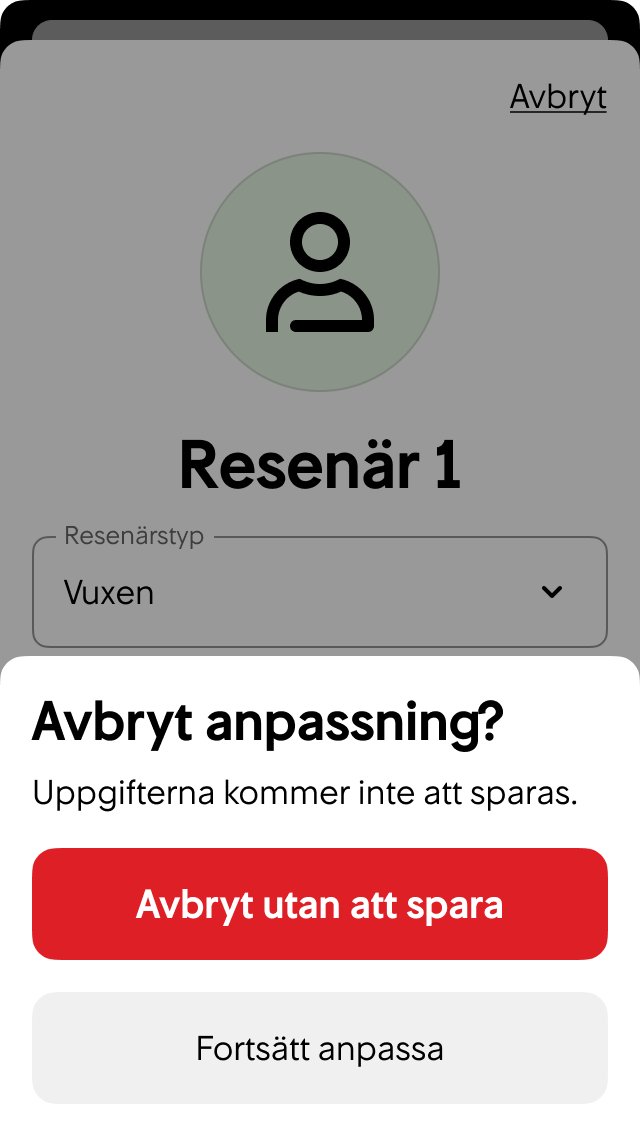 Användaren stänger ner Anpassa resenär-sidan med osparade ändringar.
