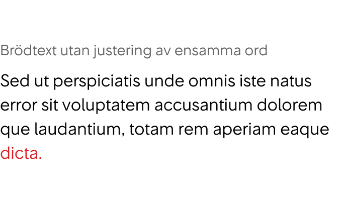 Brödtext utan justering av ensamma ord.