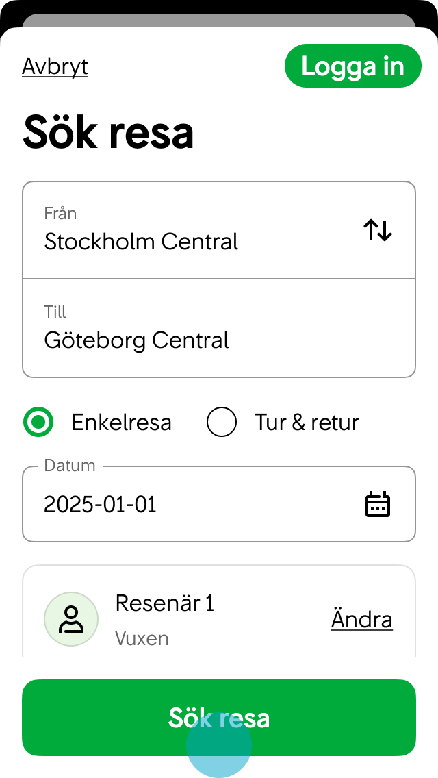 Användaren fyller i formuläret och trycker på knappen ”Sök resa”.