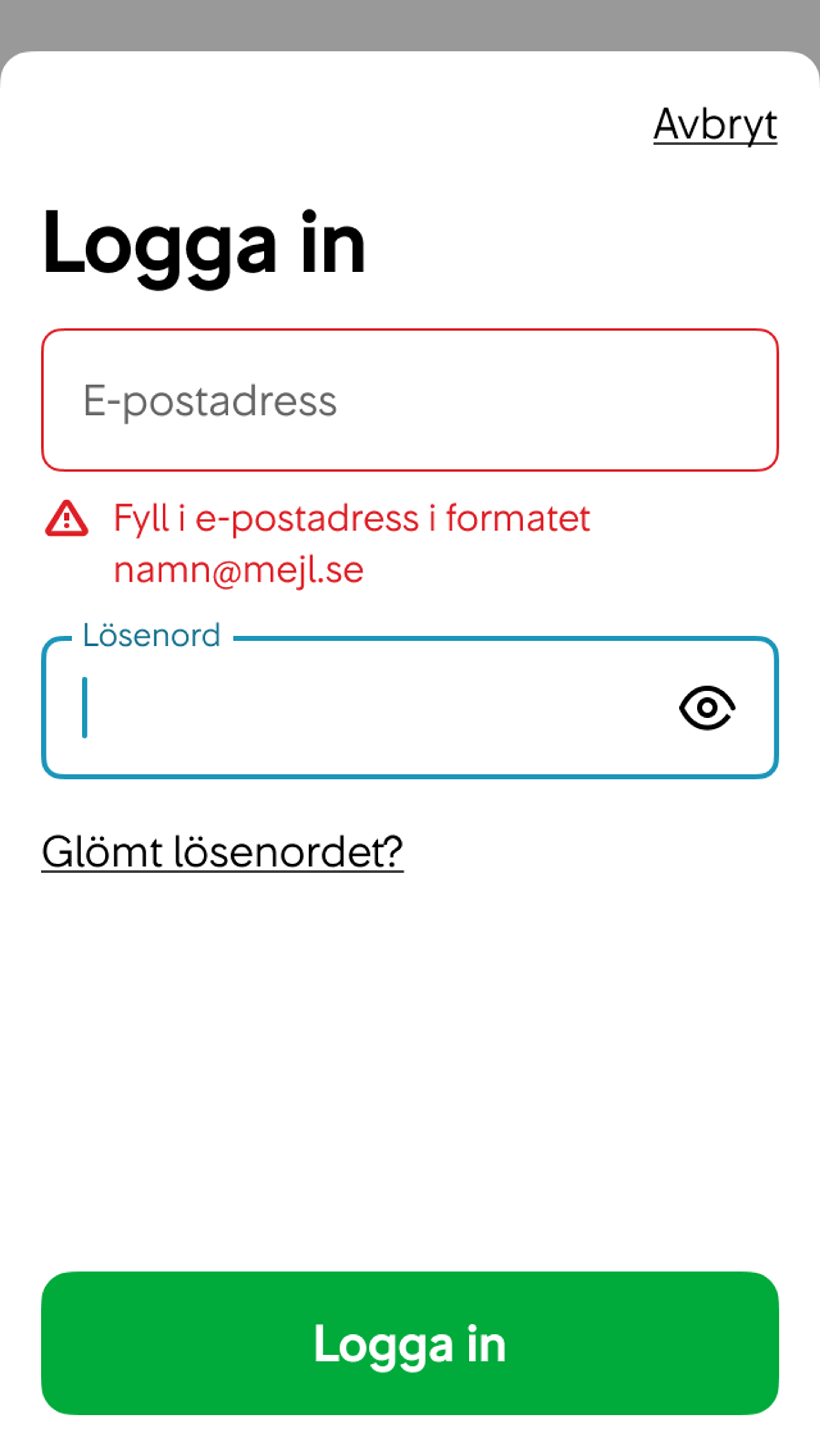 2. Inmatningsfältet får röd ram, röd label, röd varningstriangel och ett rött felmeddelande.