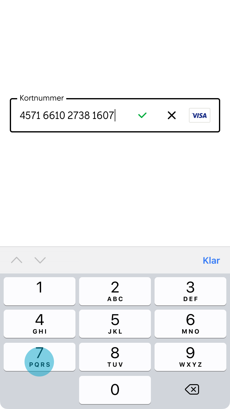 4. En inmatningsmask gör att det inmatade kortnumret presenteras på ett förväntat sätt. Så snart värdet är korrekt ifyllt visas en grön checkmark.