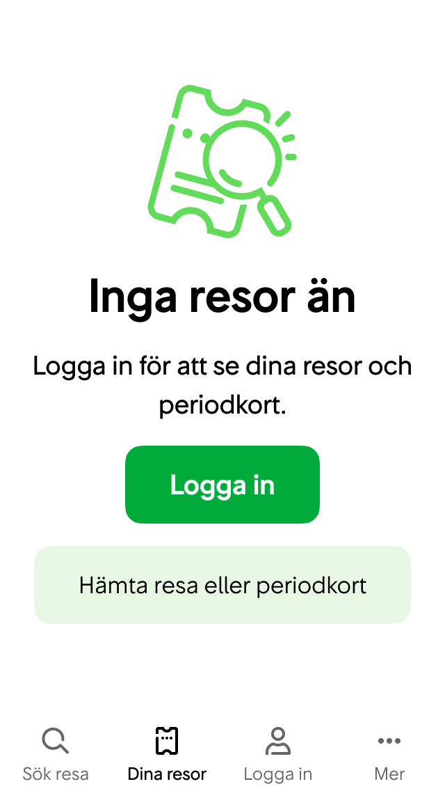 Användaren går in på Dina resor-sidan utan att ha loggat in eller hämtat några resor med bokningsnummer.