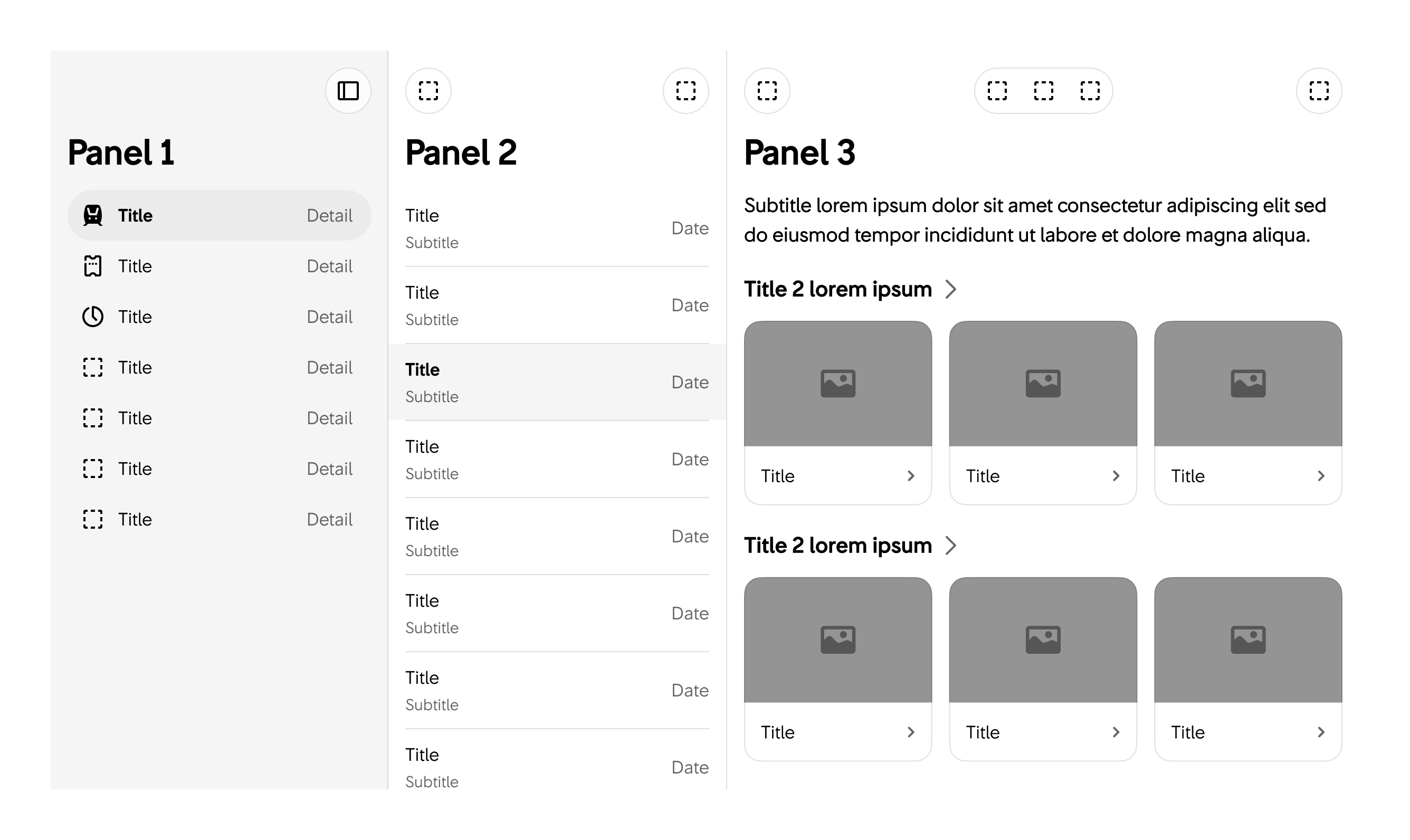Exempel på angränsande ytor, Panel för navigation, lista respektive detaljer