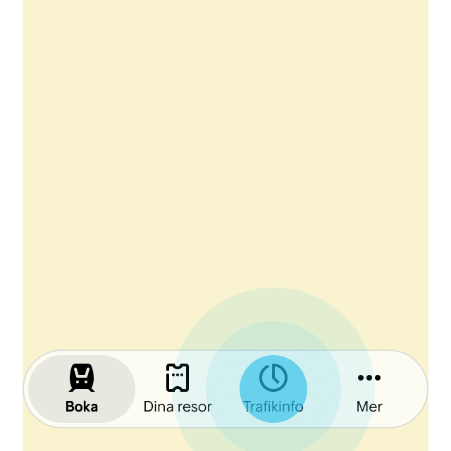 1. Tab Baren visar viktigaste huvudingångarna. En Mer-knapp (•••) visas automatiskt om det finns fler huvudingångar. Användaren trycker på Trafikinfo.