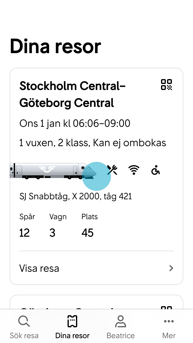 Användaren trycker på kortet ”Stockholm Central–Göteborg Central”.