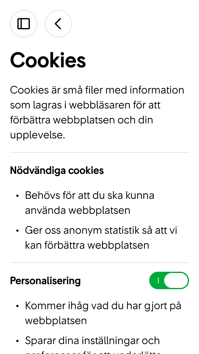 2. Här kan användaren ändra inställningar för cookies.