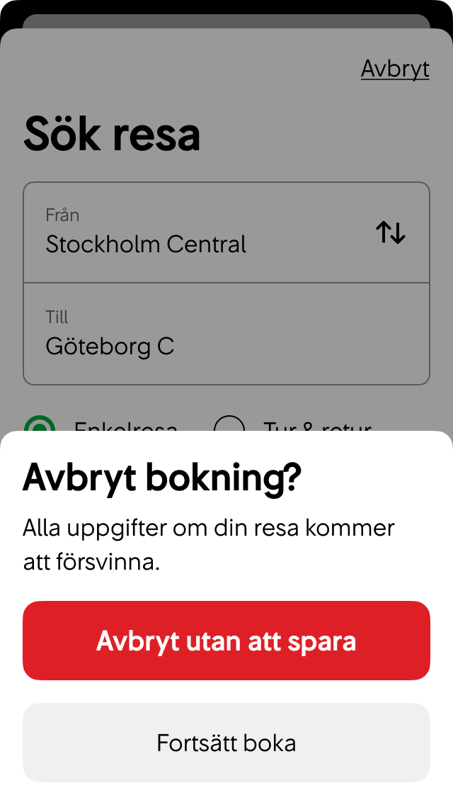 Användaren stänger ner Sök resa-sidan med osparade ändringar.