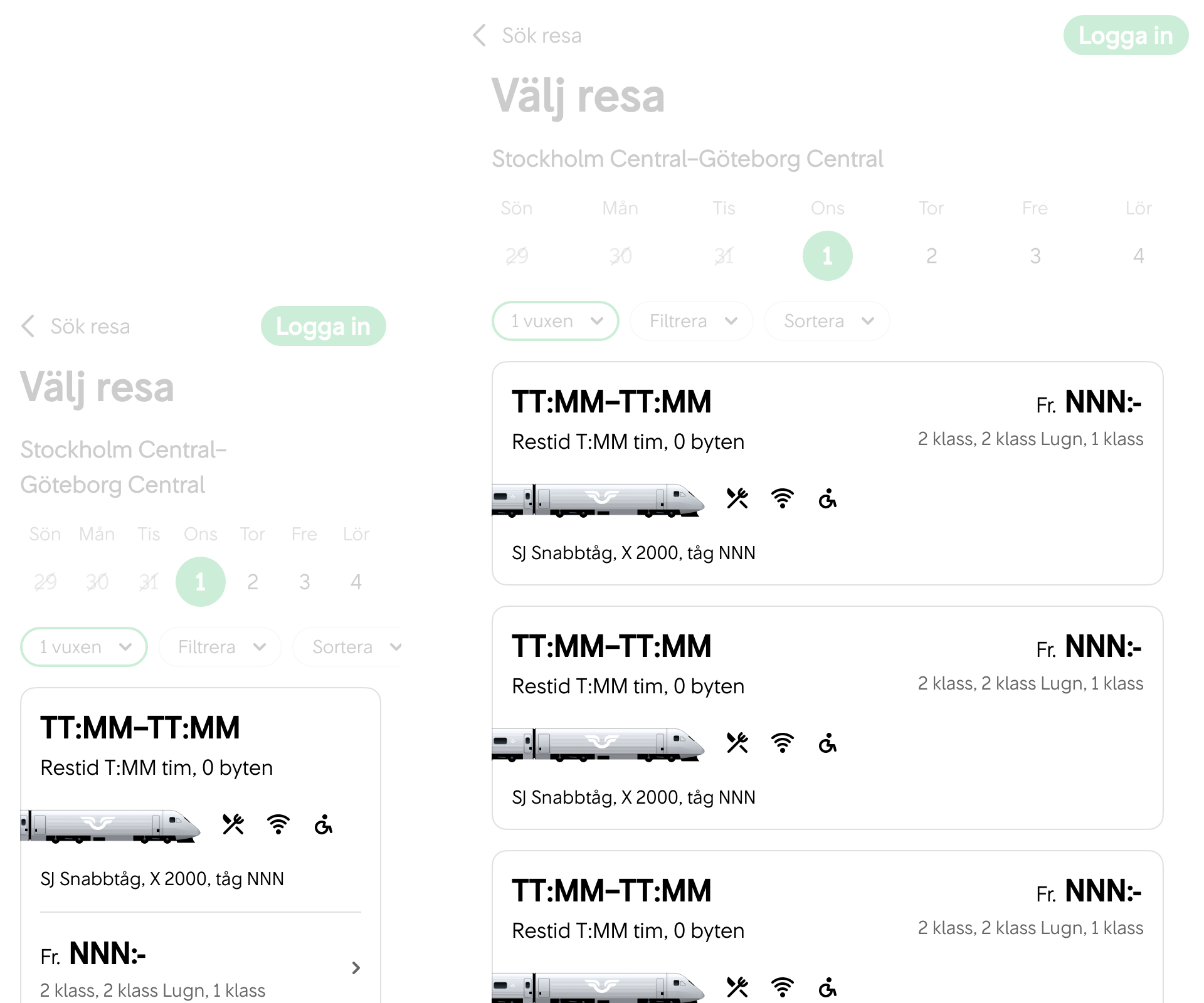 Exempel på komponent (Departure card) som anpassar sig när skärmen ändrar storlek.