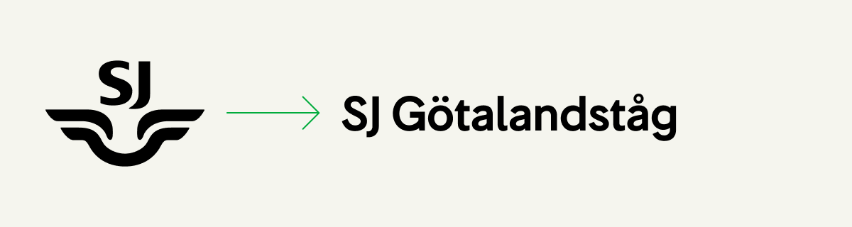 SJs logotyp separeras alltid från namnet ”SJ Götalandståg”.