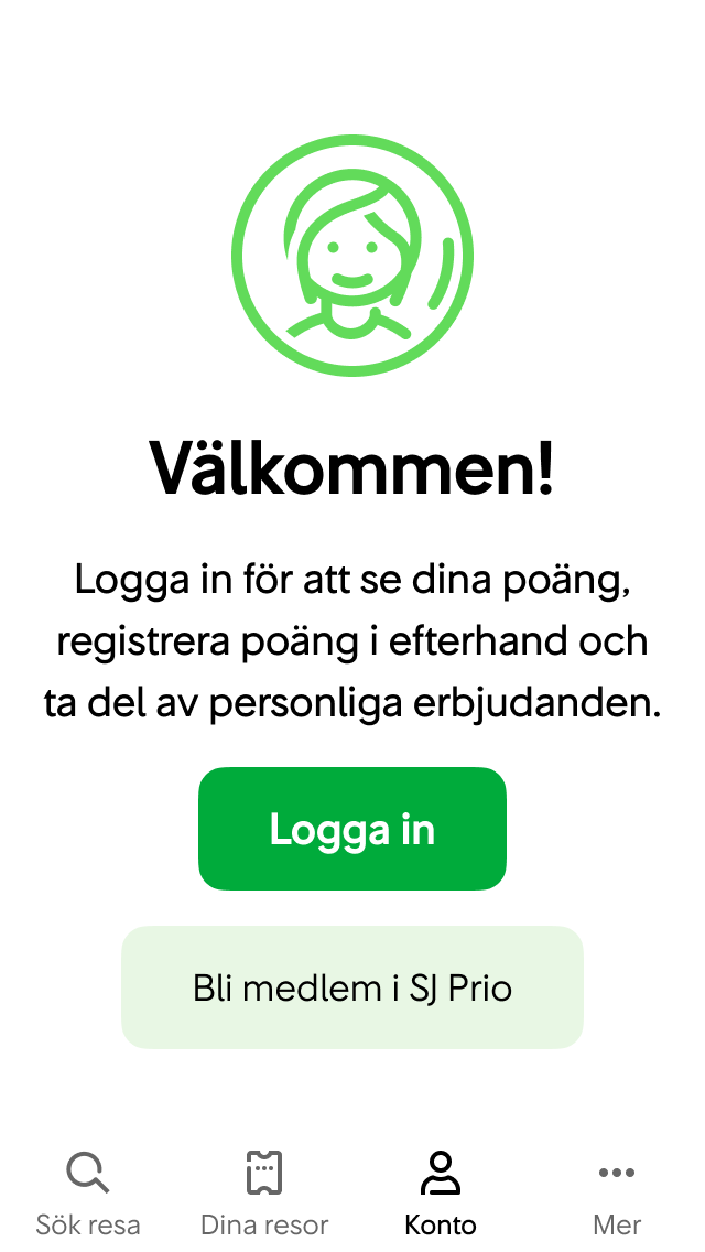 Logga in-knapp på Konto-sidan.