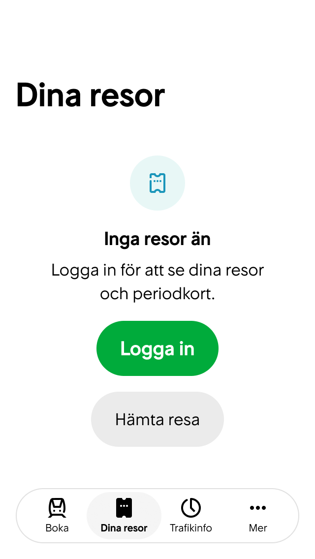 Användaren går in på Dina resor-sidan utan att ha loggat in eller hämtat några resor med bokningsnummer.