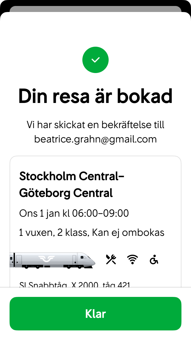Vi visar en stor grön checkmark överst på bokningsbekräftelsen för att fira att användaren är klar.