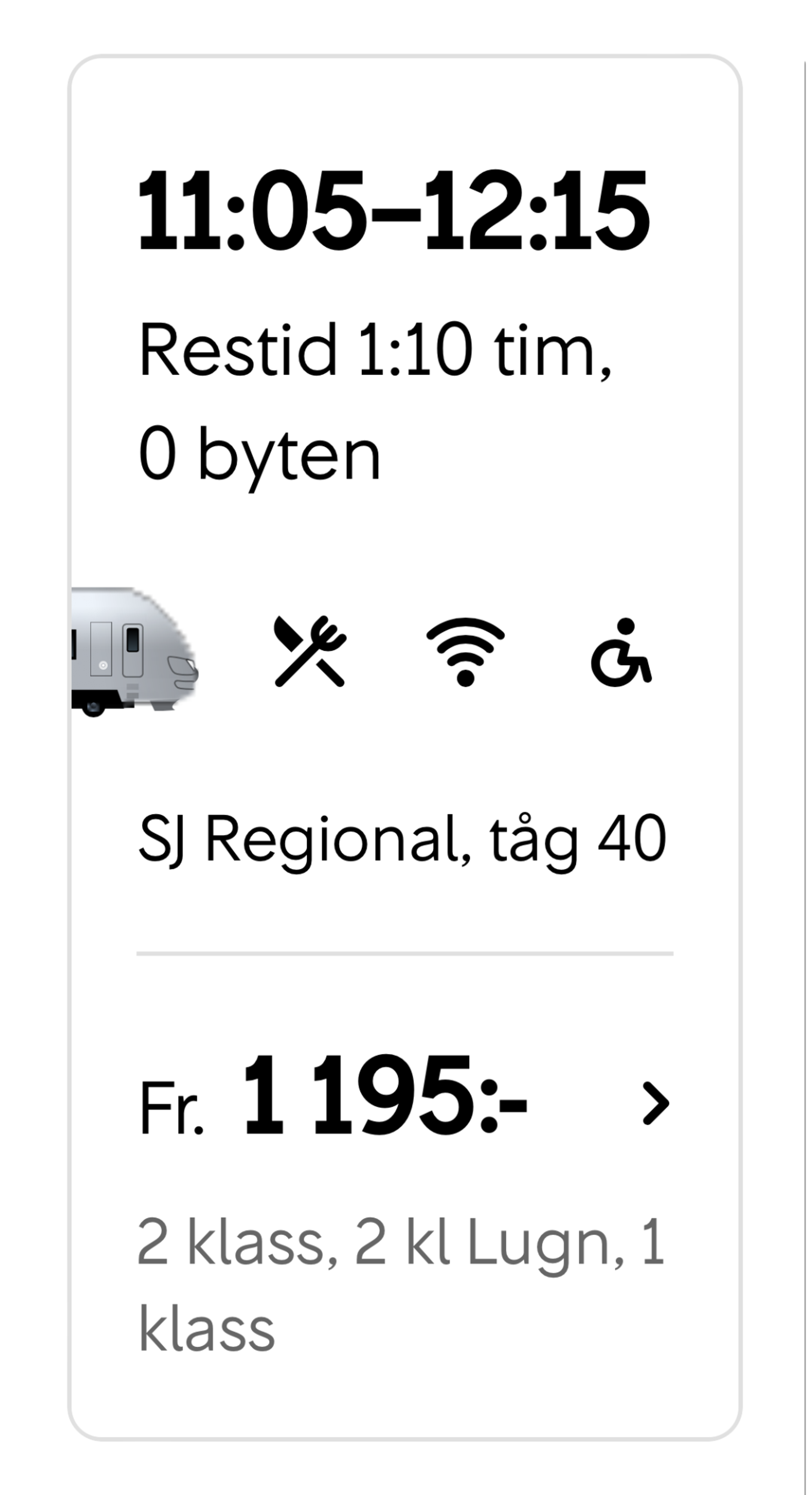 Departure card med 200% textförstoring. Priset visas nederst.