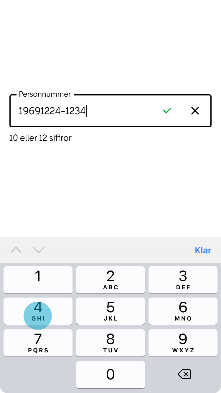 4. En inmatningsmask gör att det inmatade personnumret presenteras på ett förväntat sätt. Så snart värdet är korrekt ifyllt visas en grön checkmark.