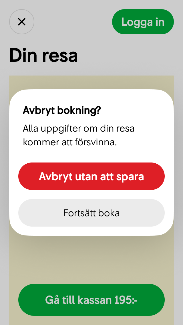 Användaren stänger Din resa-modalen med osparade ändringar.