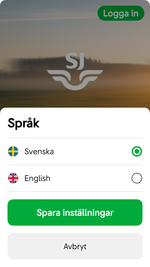 Språkväljare med svenska och engelska i ett bottom sheet.