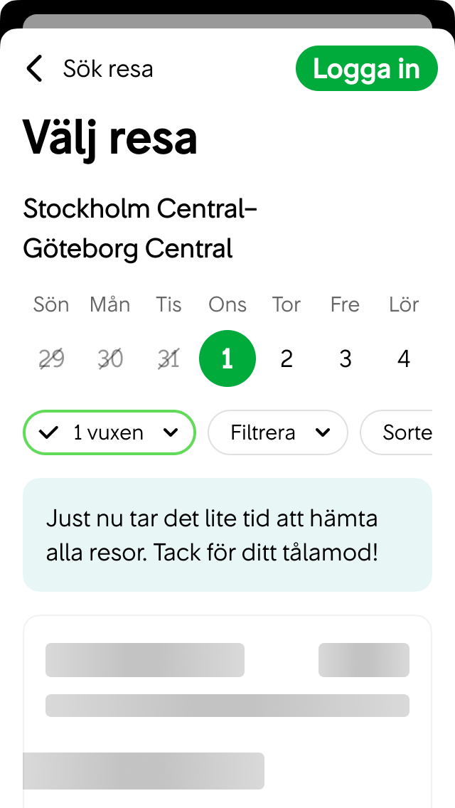 Vi visar ett blått informationskort om hämtningen går trögare än vanligt.