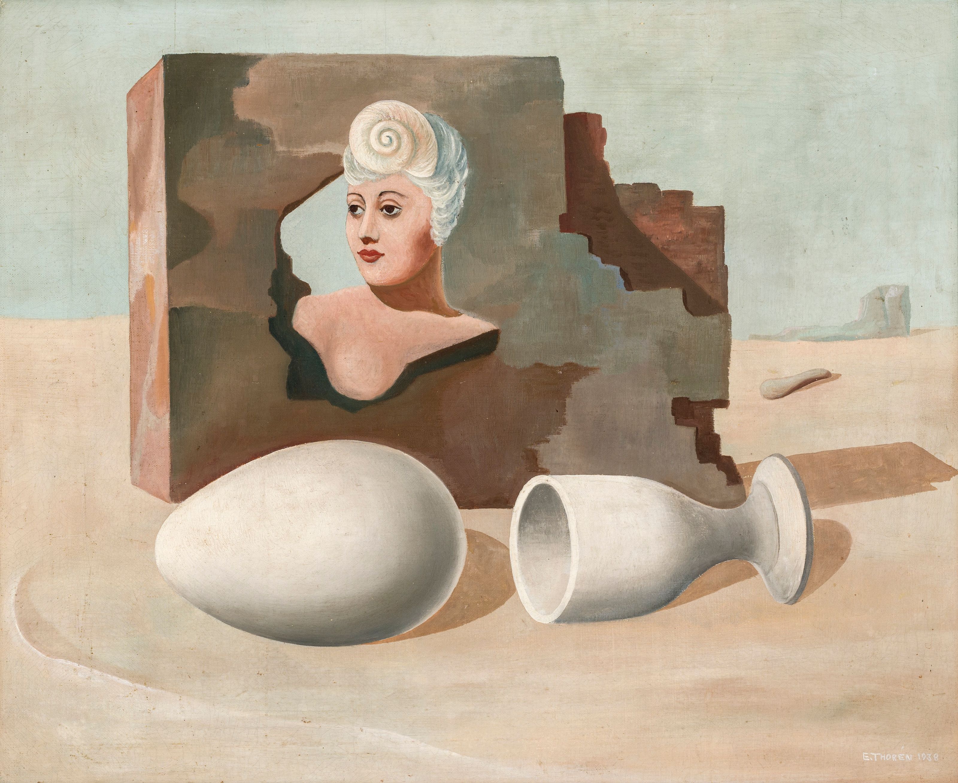 Surrealistisk maleri av en dame og et egg som har falt ut av en eggeskål