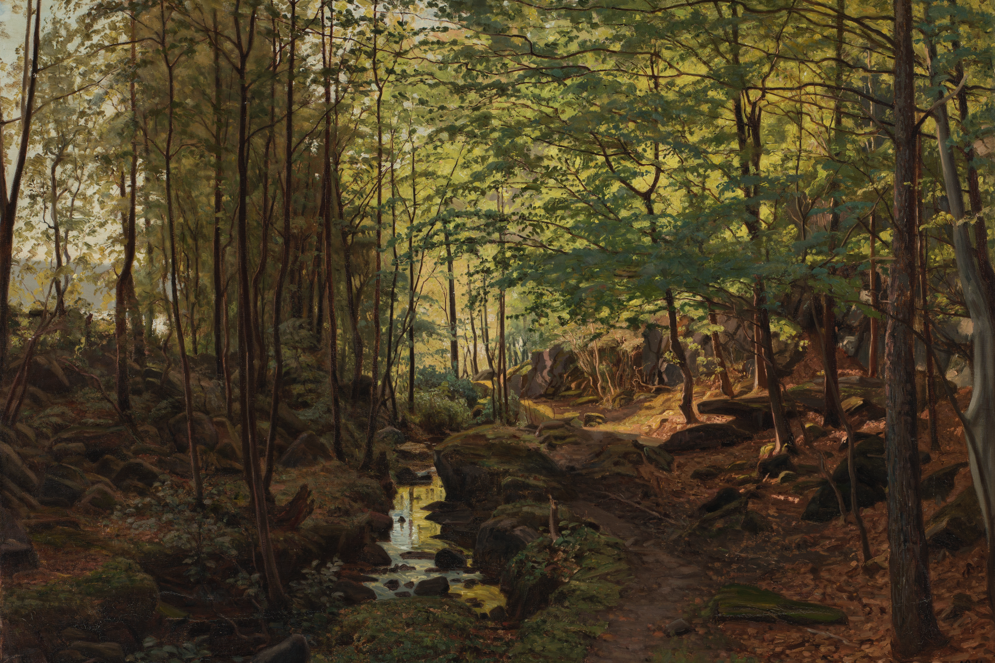 Art work showing a forest with a small river flowing thorugh