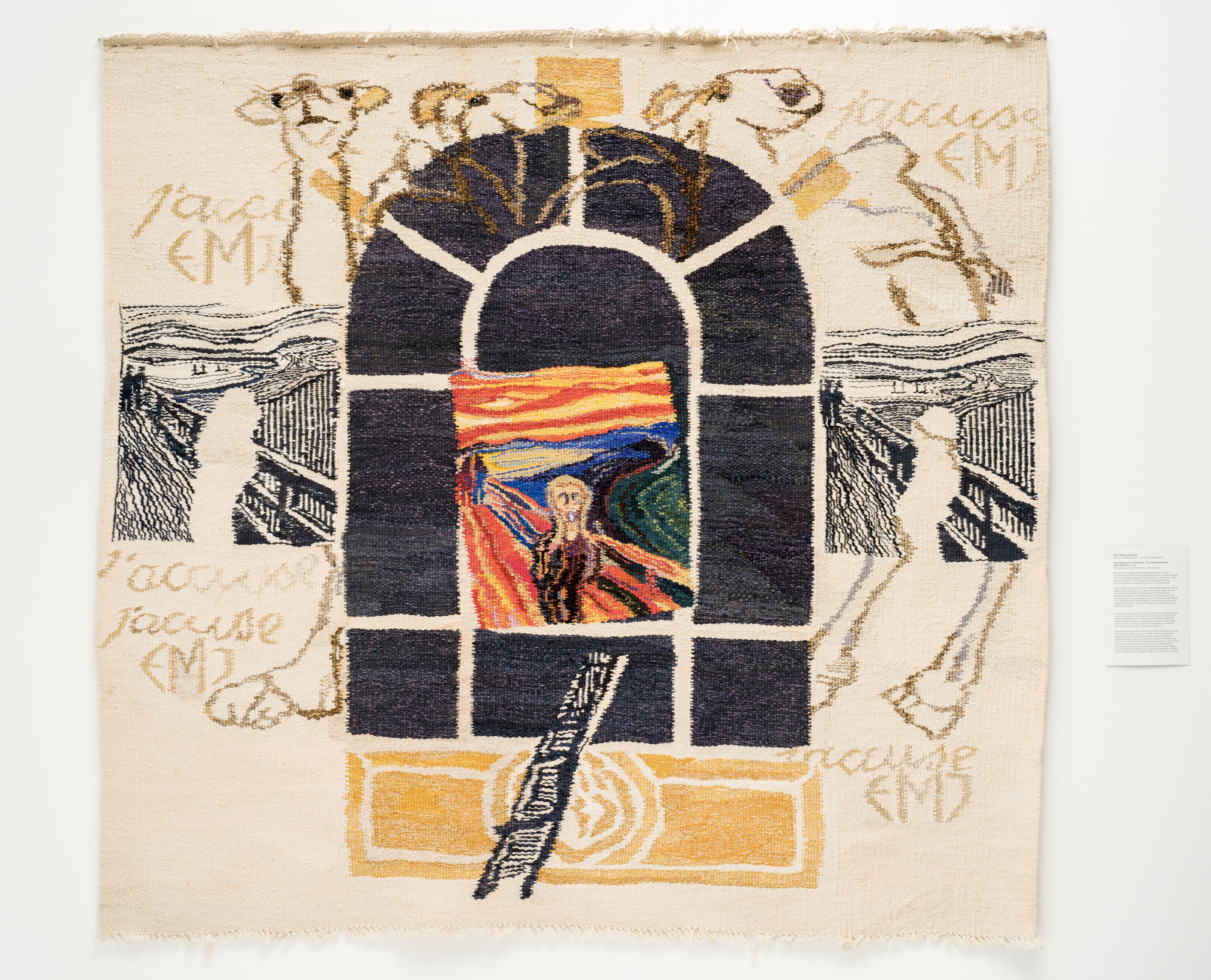 Et tekstilverk med Munchs "Skrik" og dromedarer