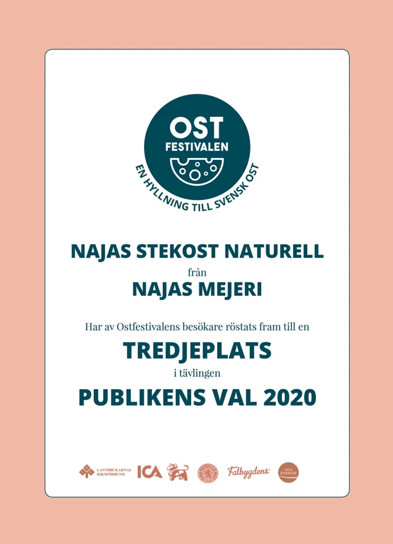 Diplom för Najas Stekost naturell: tredjeplats i Publikens val 2020.
