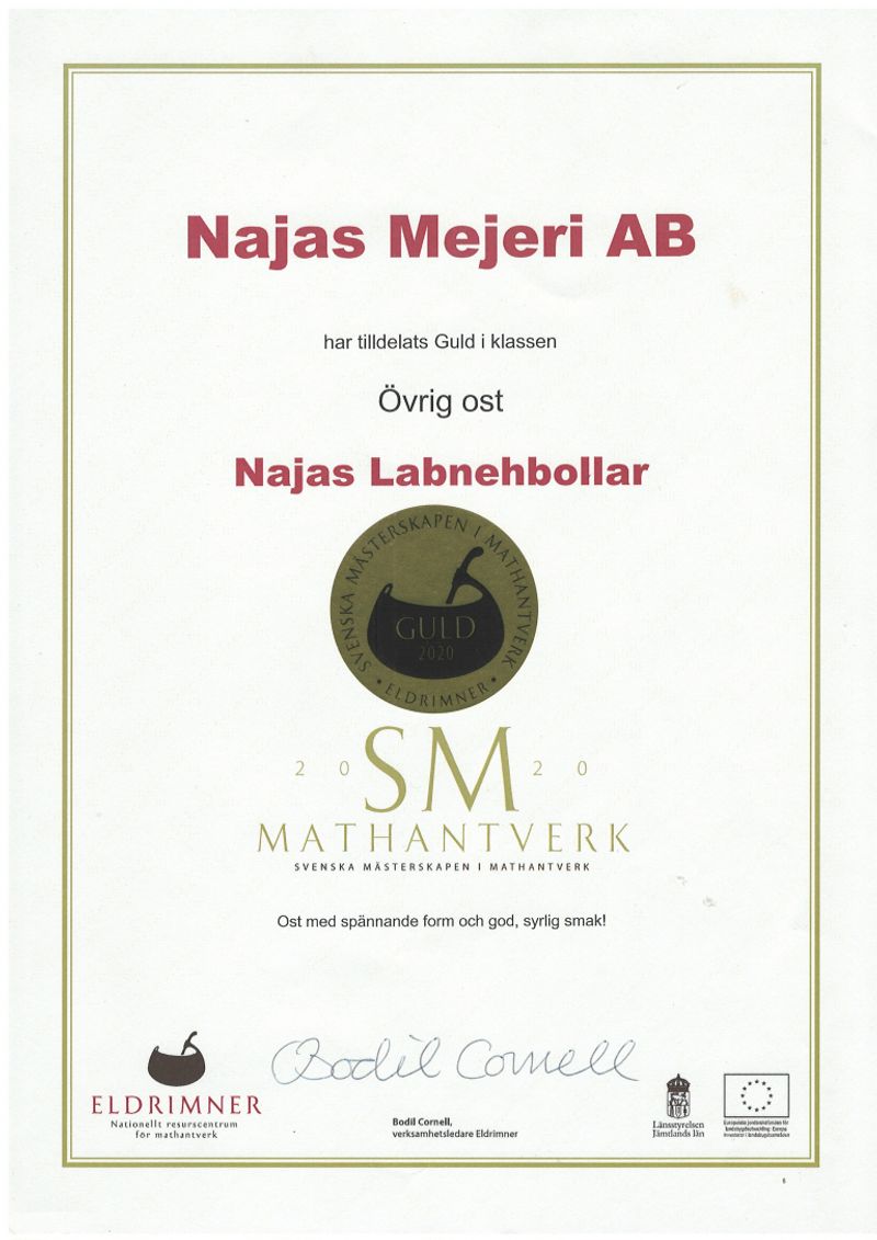 Gulddiplom för Najas Labnehbollar i klassen Övrig ost, SM i Mathantverk 2020.
