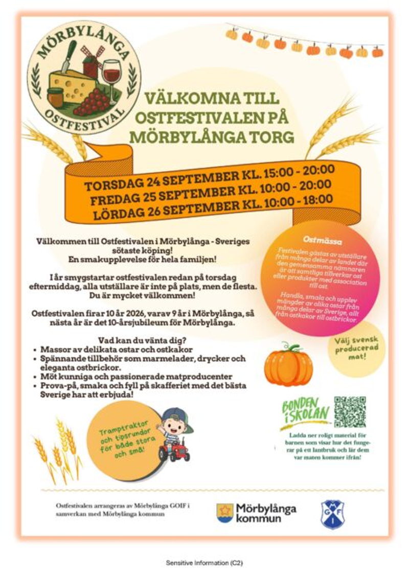 Affisch för Ostfestivalen på Mörbylånga torg den 24–26 september 2026.