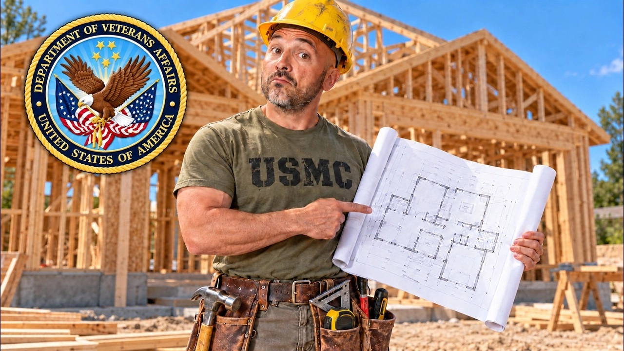 Jimmy Vercellino in a USMC shirt and hard hat pointing at house plans in front of a home being framed