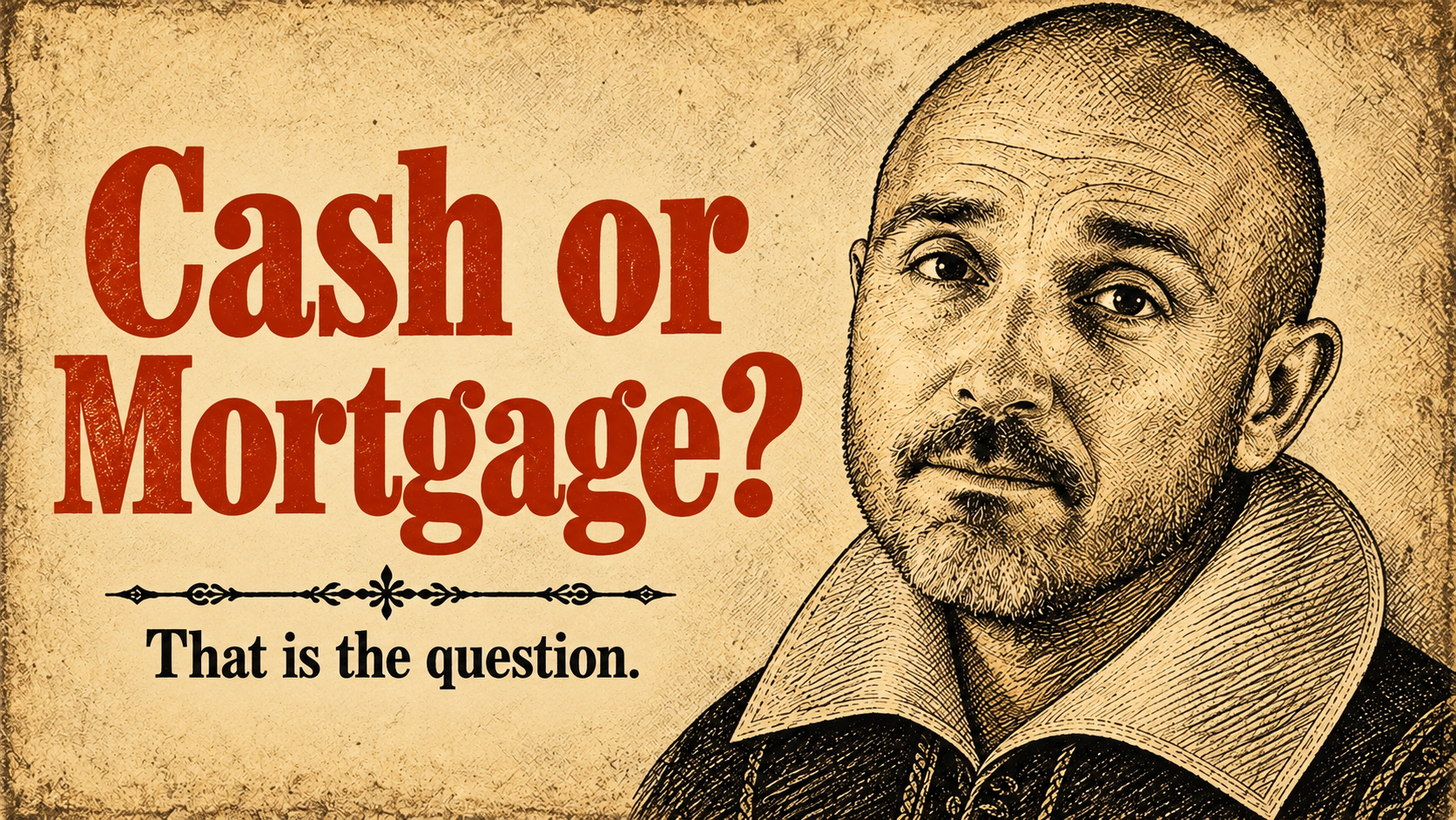 Illustration of William Shakespeare beside the words Cash or Mortgage, That Is the Question