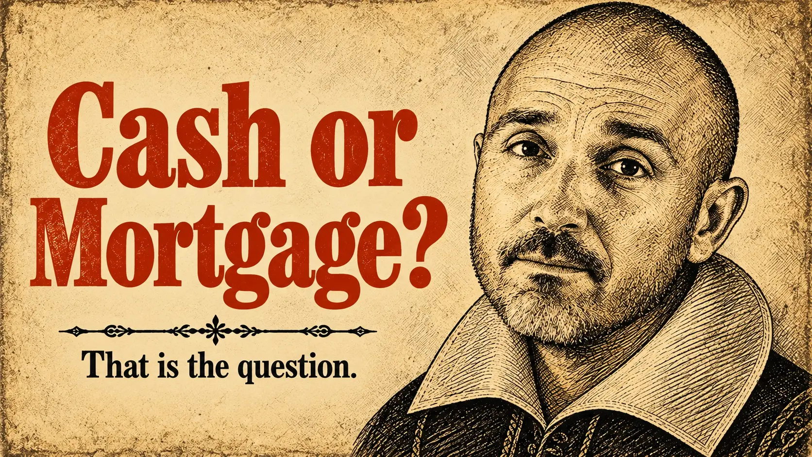 Illustration of William Shakespeare beside the words Cash or Mortgage, That Is the Question