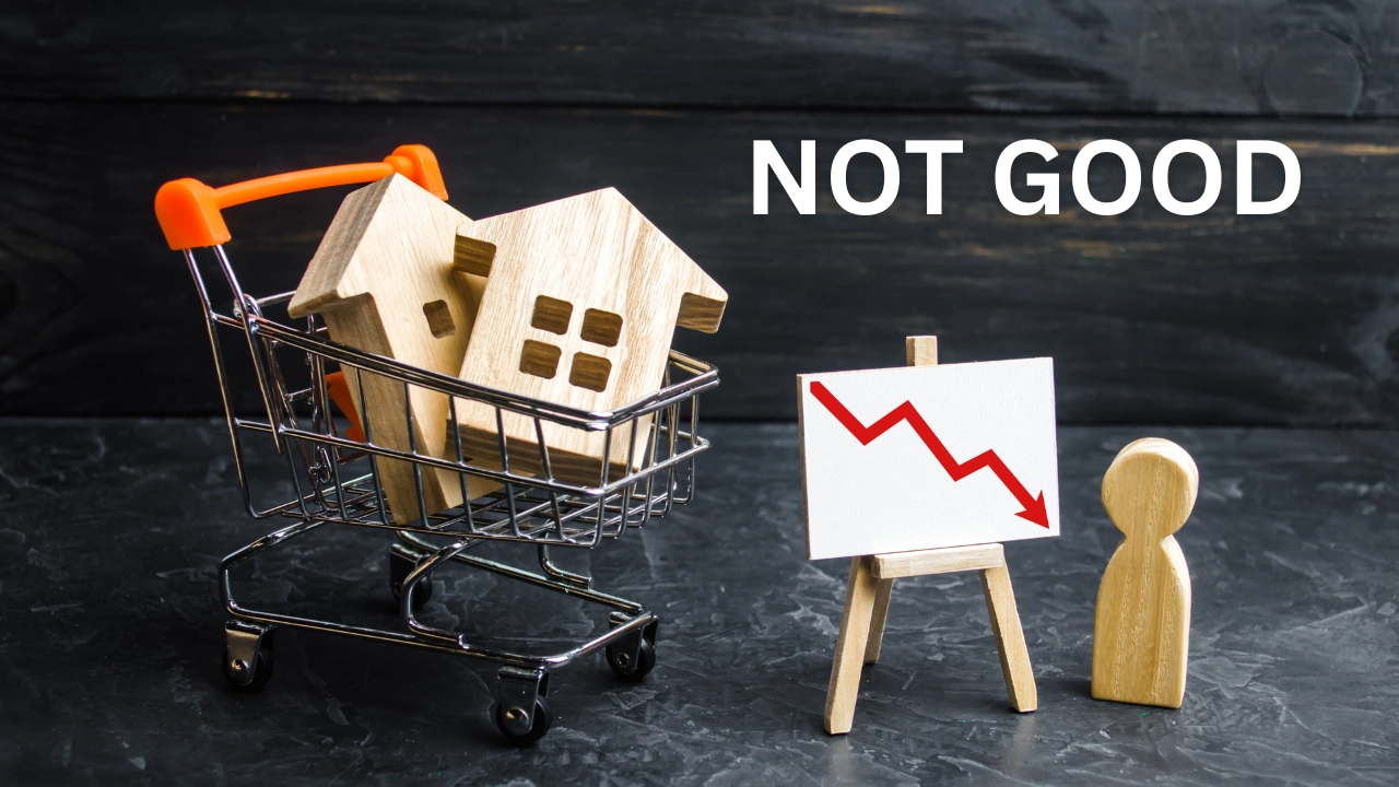 Wooden houses in a shopping cart next to a declining chart and the words NOT GOOD — representing today's housing market conditions