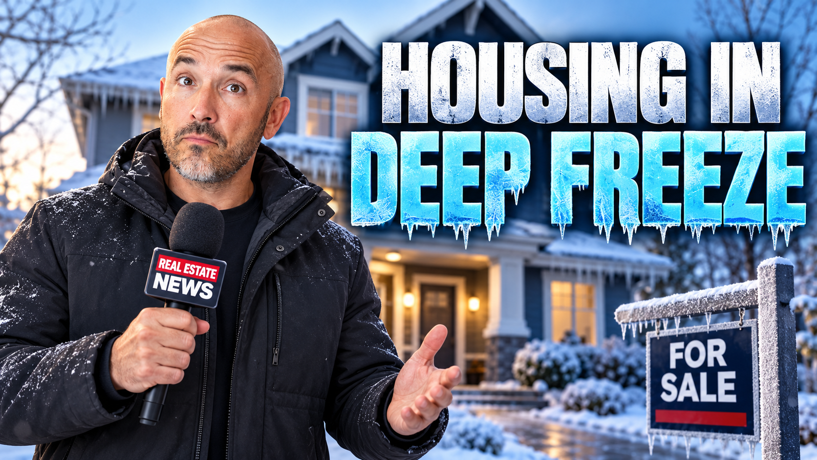 Jimmy Vercellino as a news reporter holding a Real Estate News microphone in front of a snow-covered house with a frozen For Sale sign and the words Housing in Deep Freeze