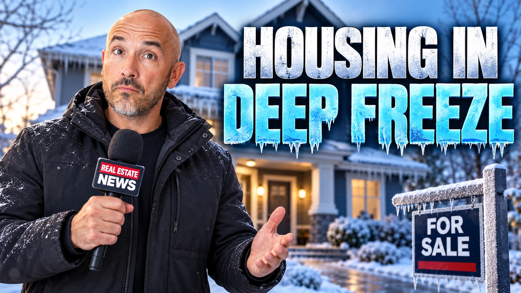 Jimmy Vercellino as a news reporter holding a Real Estate News microphone in front of a snow-covered house with a frozen For Sale sign and the words Housing in Deep Freeze