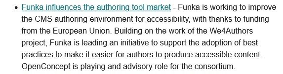 Screenshot from the Accessibility Action newsletter, showing the item “Funka influences the authoring tool market”