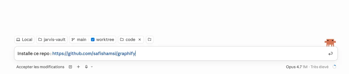 Commande "Installe ce repo" collée dans Claude Code avec le lien GitHub de Graphify