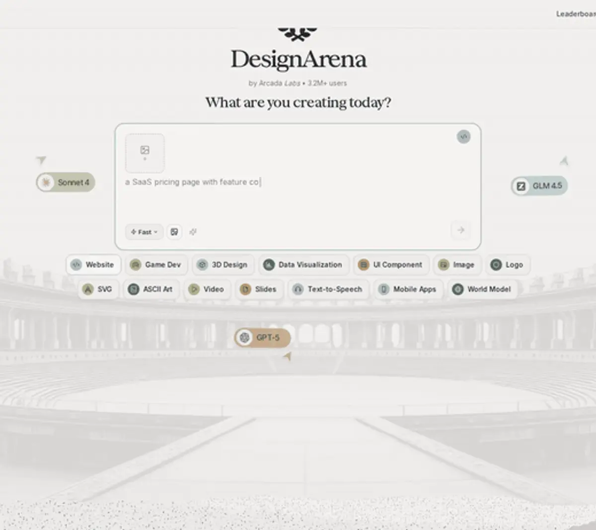 Galerie de battles Design Arena : générations d'images, vidéos et sites web mises en duel pour vote communautaire