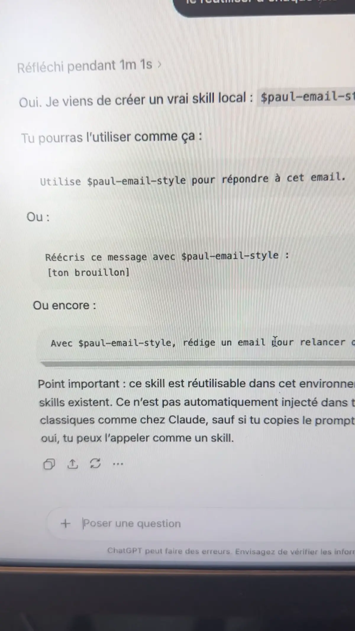 Création du skill réutilisable $paul-email-style dans ChatGPT