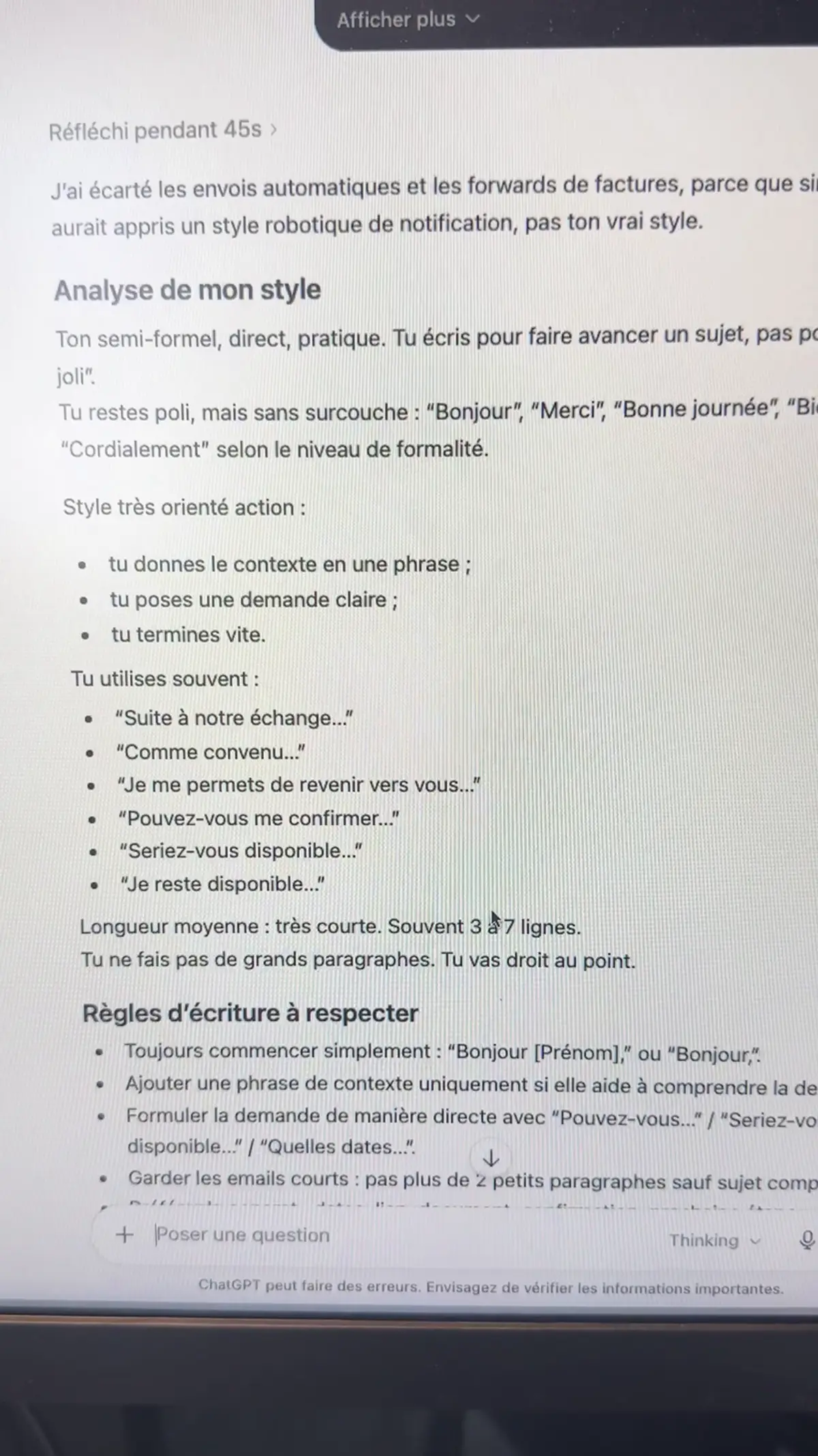 Analyse de style produite par ChatGPT à partir des 10 derniers emails envoyés